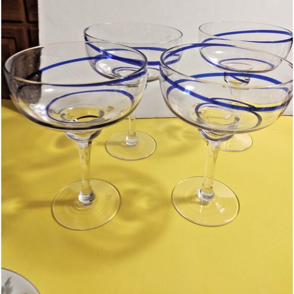 Large Pier 1 Blue Swirline Margarita Glasses Set of 4 Cobalt Blue Swirls - Picture 5 of 10
